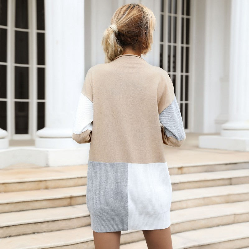 Women's color block knit dress in mini look with boxy silhouette and ribbed inserts Mune Fashion