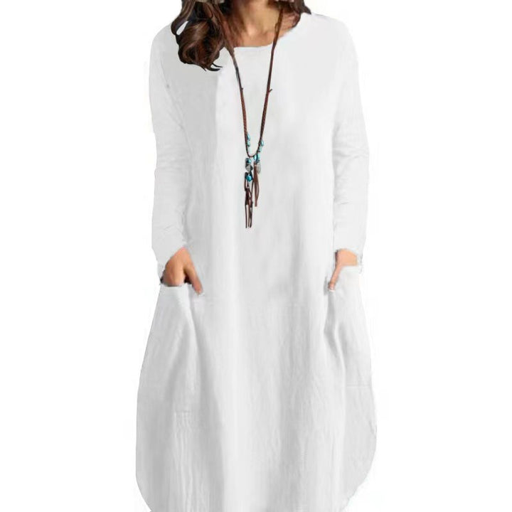Women's Long A-Line Linen Look Dress with Pockets and Round Neckline Drune