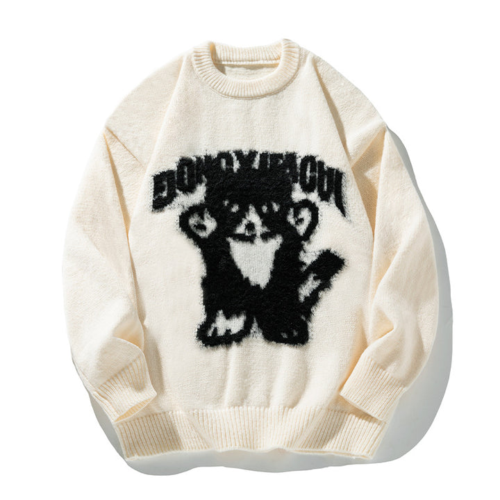 Unisex Oversize Knit Sweater with Three-Dimensional Fluffy Cat Motif and Ribbed Hem Mune Fashion