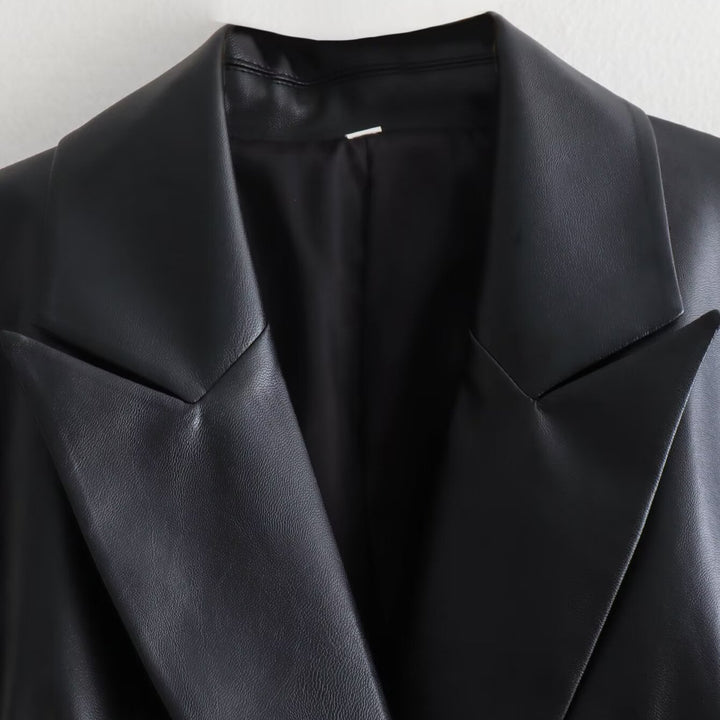 Women's Double-Breasted Faux Leather Blazer with Gold Decorative Buttons and Flap Pockets Mune Fashion