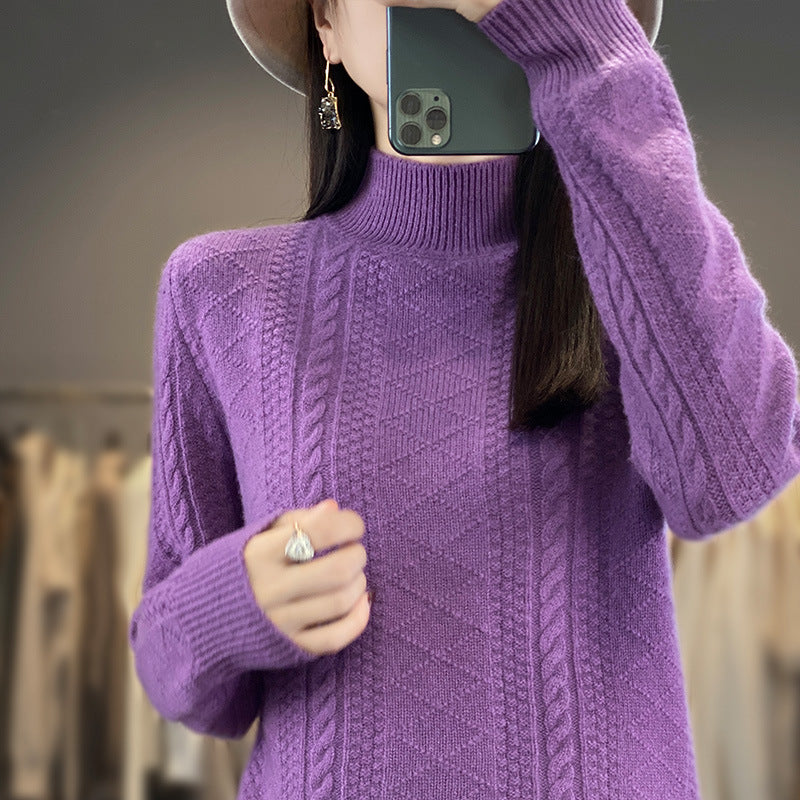 Women's Soft Cable Knit Mock Neck Sweater with Light Mohair Effect Mune Fashion