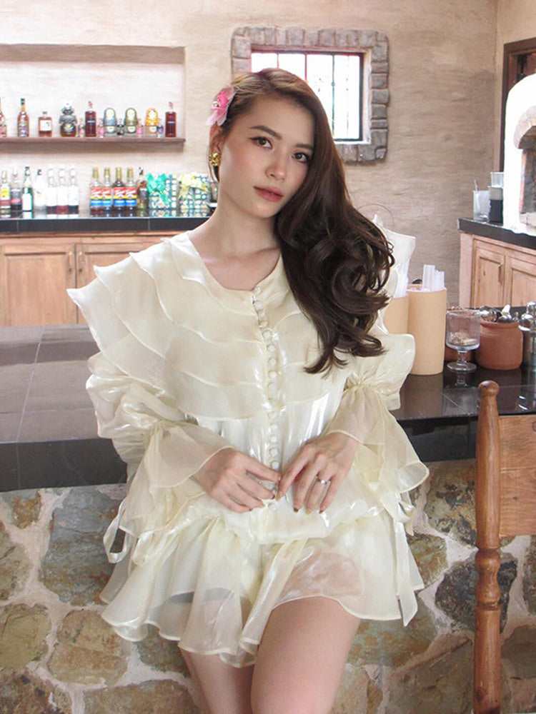 Women's Ruffled Chiffon Mini Dress with Ruffles, Sheer Layer and Button Placket Mune Fashion
