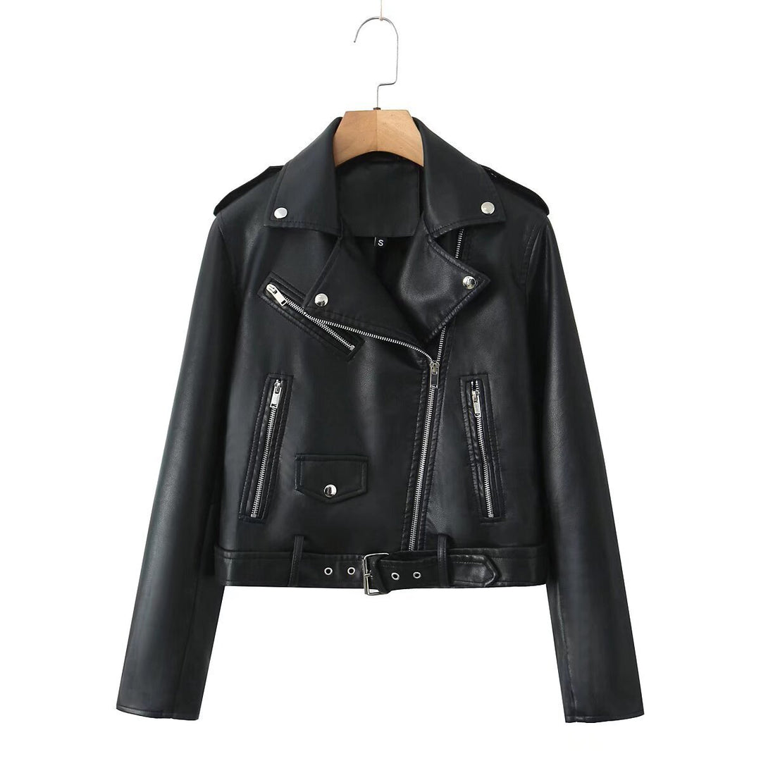 Women's robust fitted biker jacket made of faux leather with asymmetrical zipper and waist belt Mune Fashion