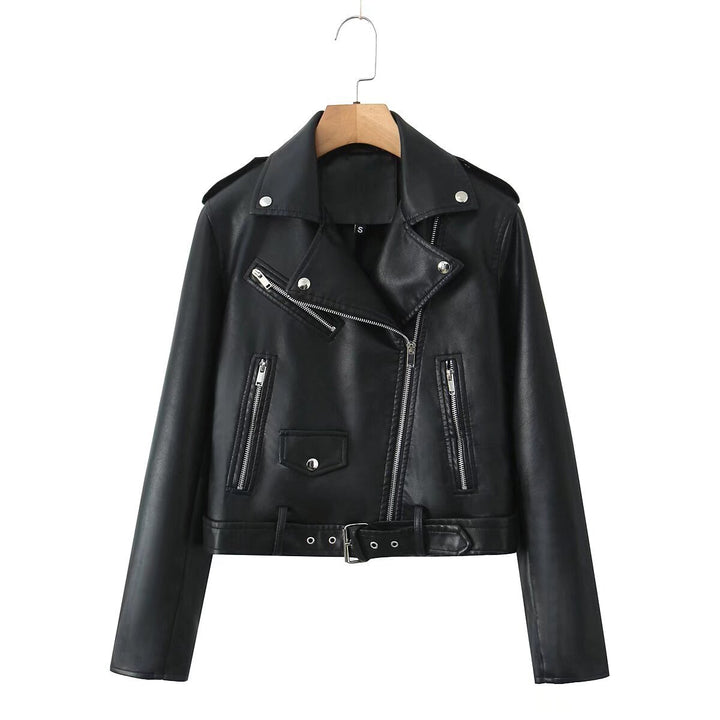 Women's robust fitted biker jacket made of faux leather with asymmetrical zipper and waist belt Mune Fashion