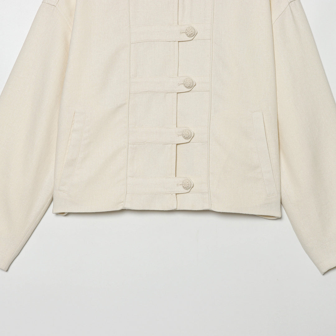 Women's Cropped Jacket with Stand-up Collar and Decorative Knot Buttons Mune Fashion