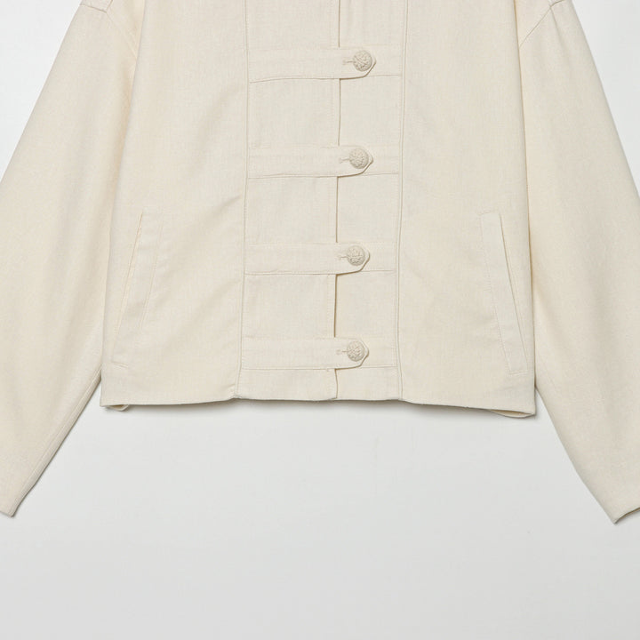 Women's Cropped Jacket with Stand-up Collar and Decorative Knot Buttons Mune Fashion
