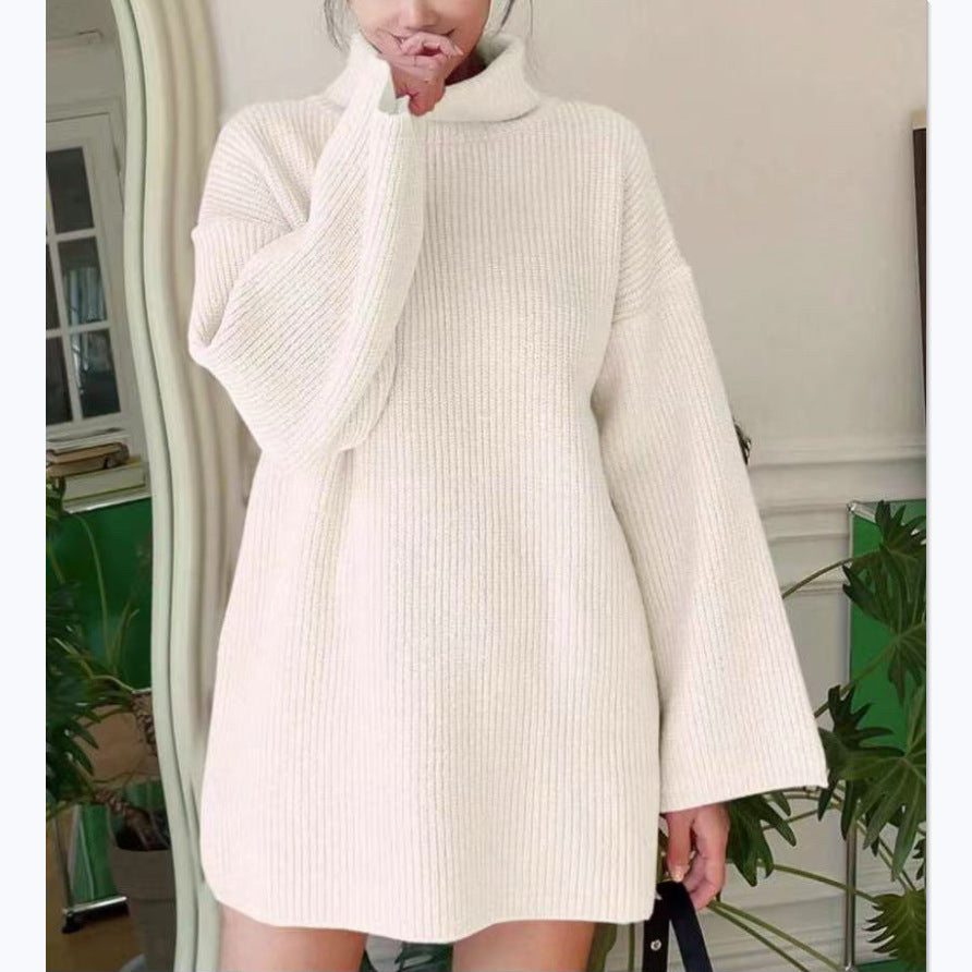 Women Oversized Ribbed Turtleneck Knit Dress with Bell Sleeves Mune Fashion