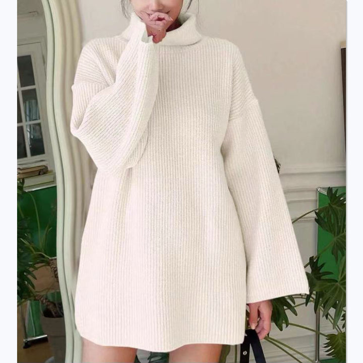 Women Oversized Ribbed Turtleneck Knit Dress with Bell Sleeves Mune Fashion