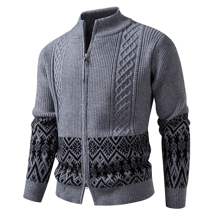 Men's High-Quality Norwegian Zip Cardigan with Cable Pattern and Stand-Up Collar Mune Fashion