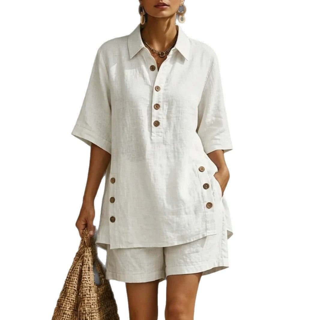 Women's airy linen-look two-piece set with oversized shirt blouse, button placket, and Bermuda shorts Mune Fashion