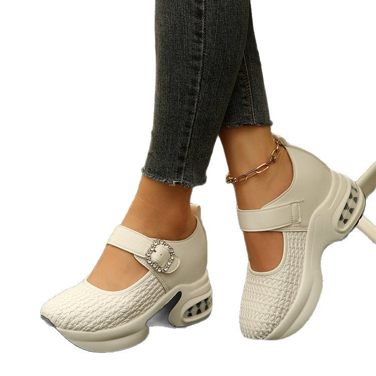 Women's Platform Sneaker Mules with Knitted Upper, Decorative Straps and Sculpted Air Sole Mune Fashion
