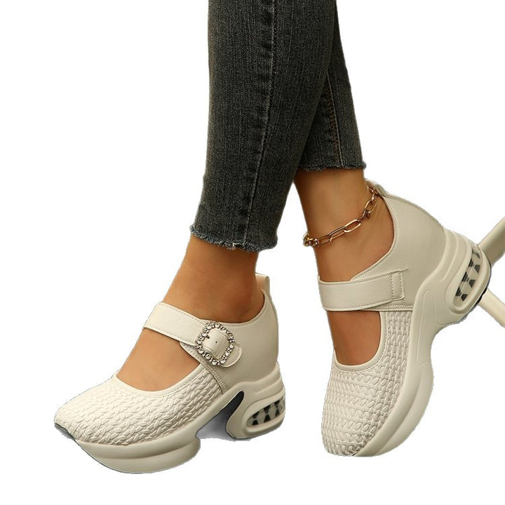 Women's Platform Sneaker Mules with Knitted Upper, Decorative Straps and Sculpted Air Sole Mune Fashion