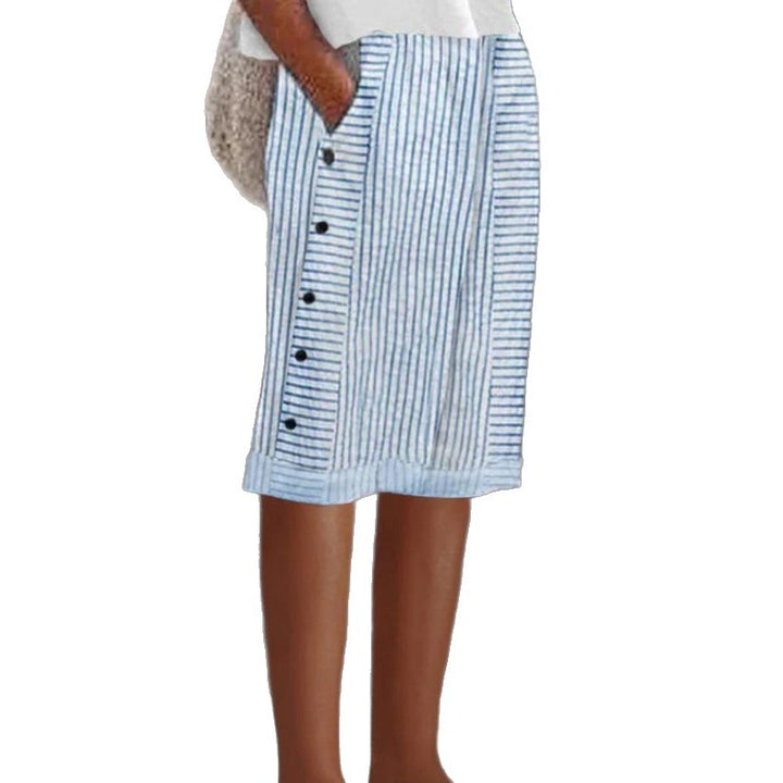 Women knee-length linen blend skirt with side button placket and side pockets Mune Fashion