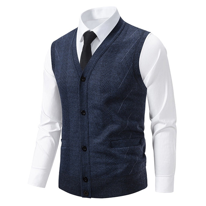 Men's Tailored Fine Knit Vest with V-Neck, Button Placket, and Side Pockets Mune Fashion