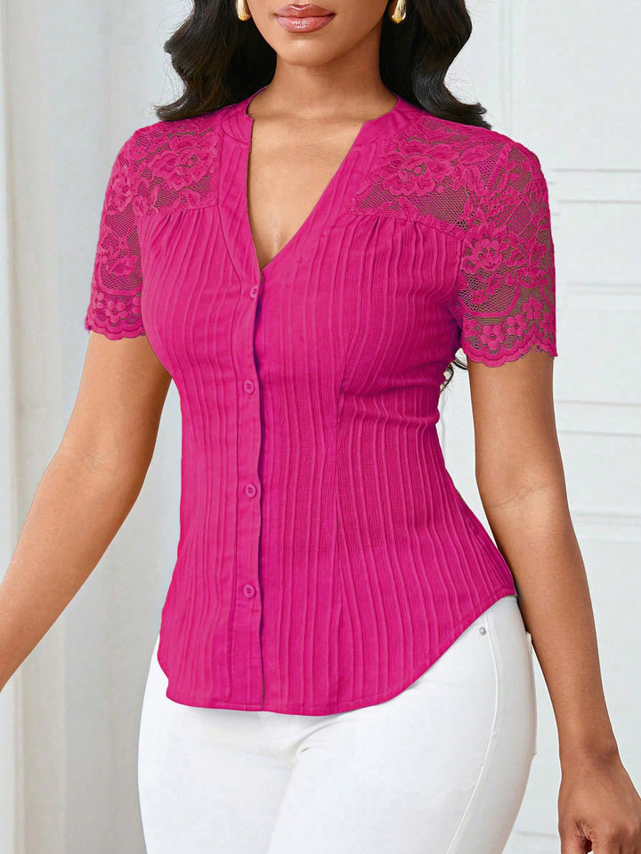 Women's Fitted Short Sleeve Blouse with Lace Sleeves and Button Placket Mune Fashion