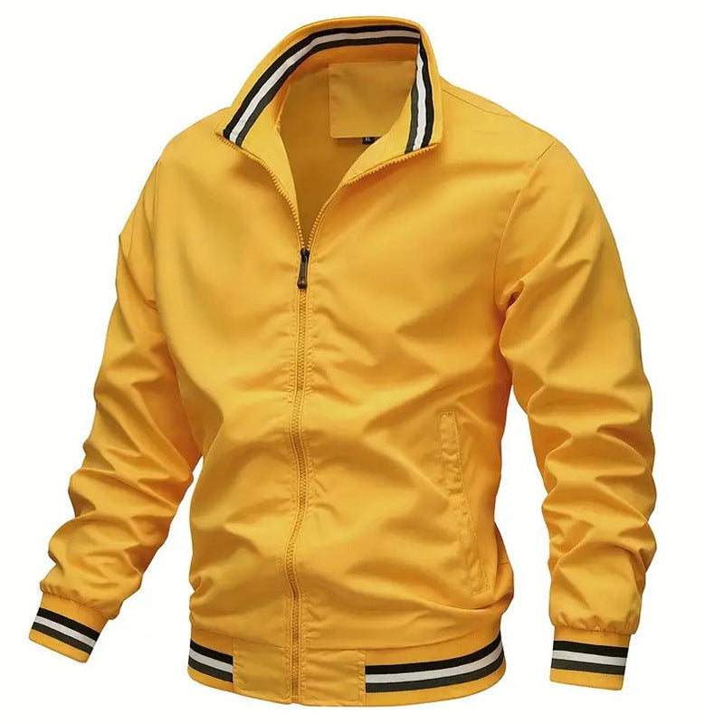 Men's lightweight windproof bomber jacket with stand-up collar, elastic cuffs, and full-length zipper.