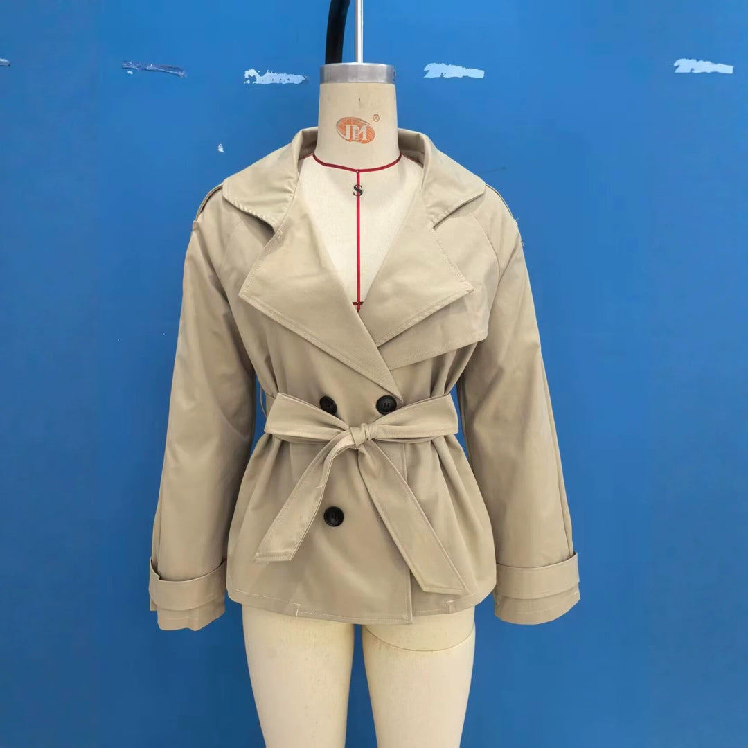 Women's Short Trench Jacket with Reversed Hood, Waist Belt and Double Button Placket Mune Fashion