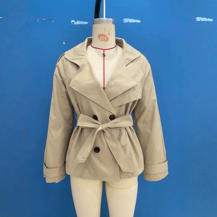 Women's Short Trench Jacket with Reversed Hood, Waist Belt and Double Button Placket Mune Fashion