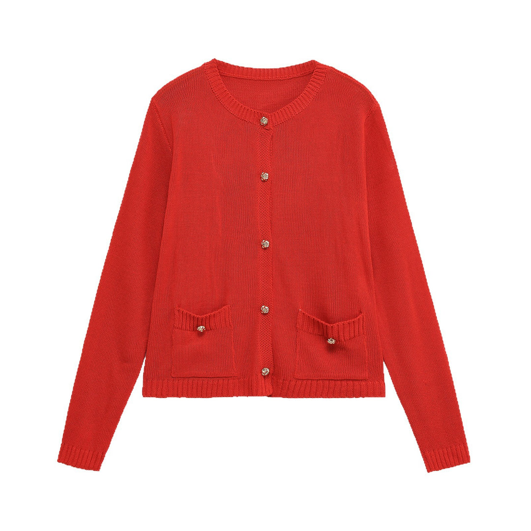 Women Fine Knit Cardigan with Decorative Buttons, Round Neckline and Patch Pockets Mune Fashion