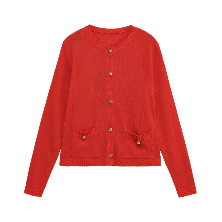 Women Fine Knit Cardigan with Decorative Buttons, Round Neckline and Patch Pockets Mune Fashion
