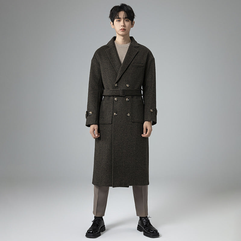 Men's Maxi Length Wool Blend Coat in Tweed Look with Oversized Cut, Double Breasted and Belted Mune Fashion