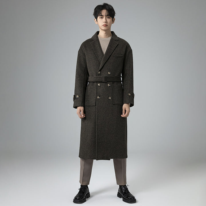 Men's Maxi Length Wool Blend Coat in Tweed Look with Oversized Cut, Double Breasted and Belted Mune Fashion