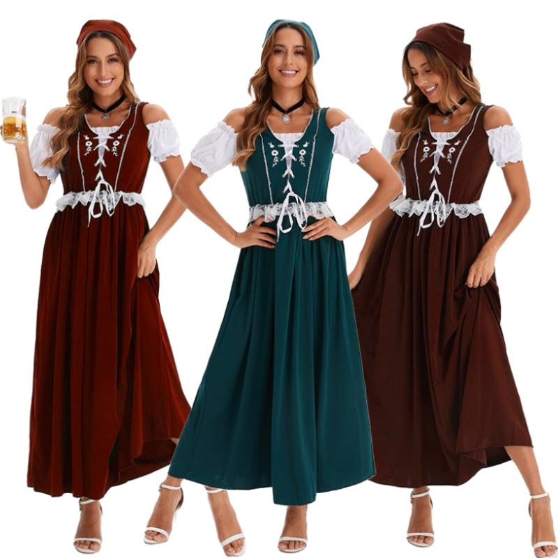 Ladies long traditional dress in dirndl style with corset lacing and lace waistband Mune Fashion