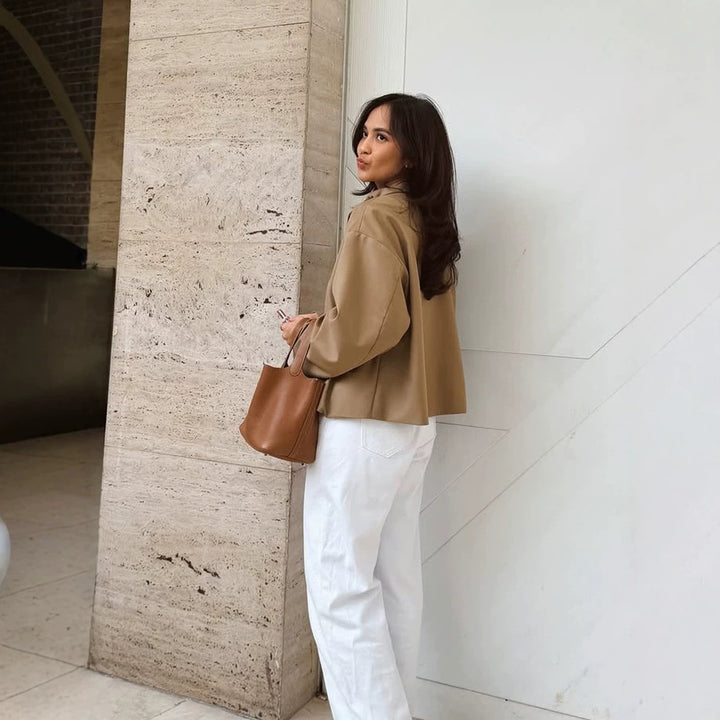 Women's short A-line coat jacket with stand-up collar and asymmetrical button placket Mune Fashion