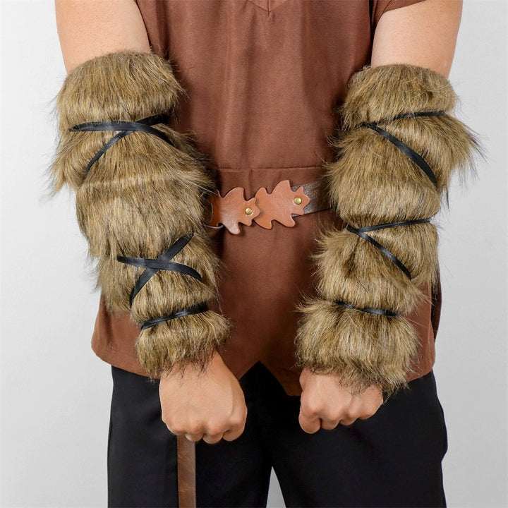 Men's Viking-inspired faux fur arm cuffs with adjustable wrap straps Mune Fashion