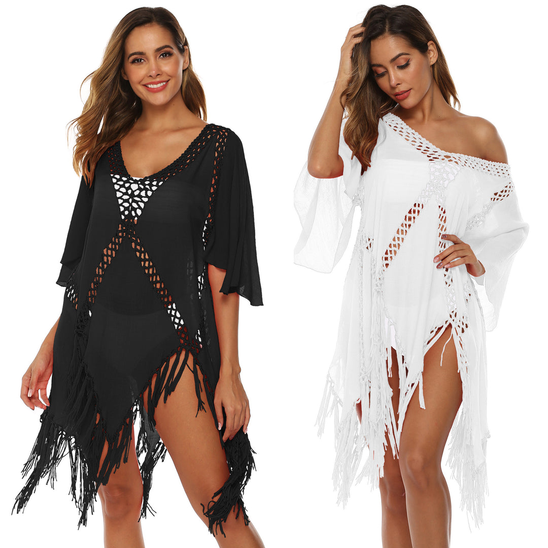 Women's elegant crochet beach cover-up with fringes Mune Fashion