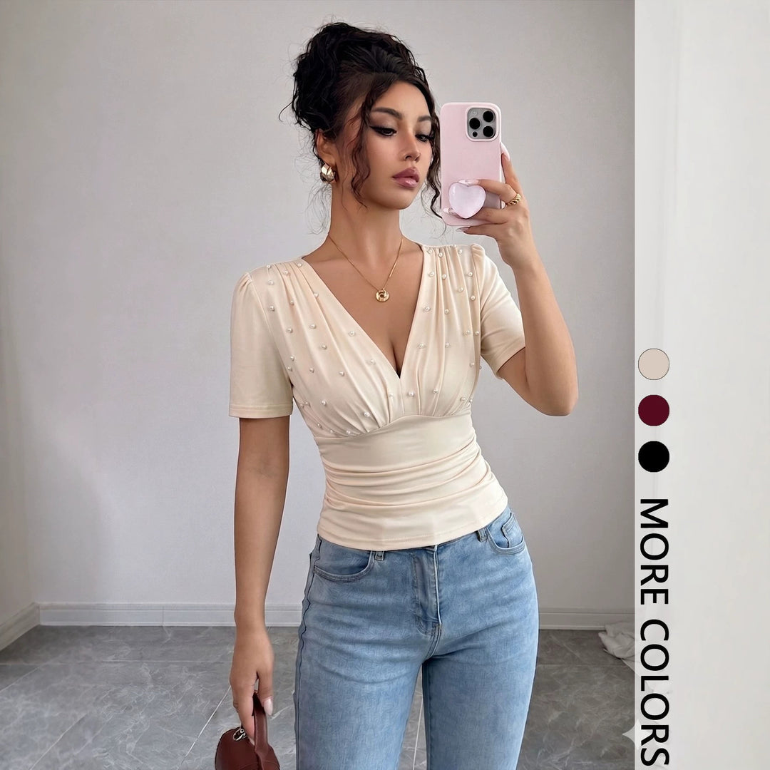 Women nano tailored draped short sleeve top with pearl trim and V-neck Mune Fashion