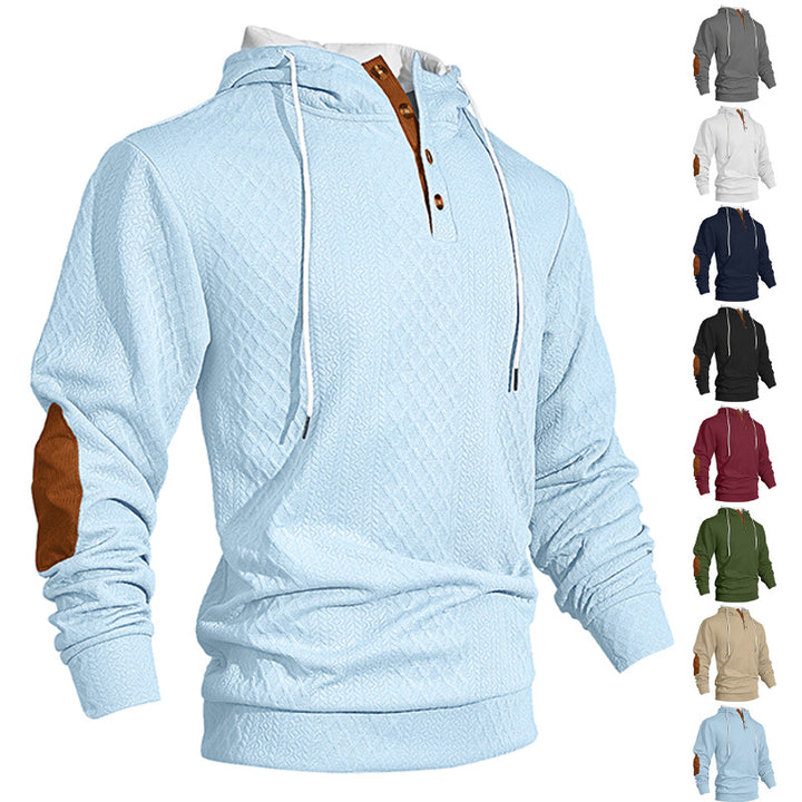 Men's nan diamond structure hoodie with short button placket, quilted hood inner edge, and suede elbow patch Mune Fashion
