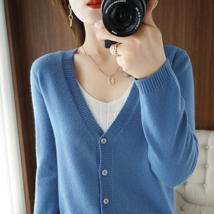 Ladies Light V-Neck Cardigan made of Cashmere Mix with Fine Rib Edge Mune Fashion