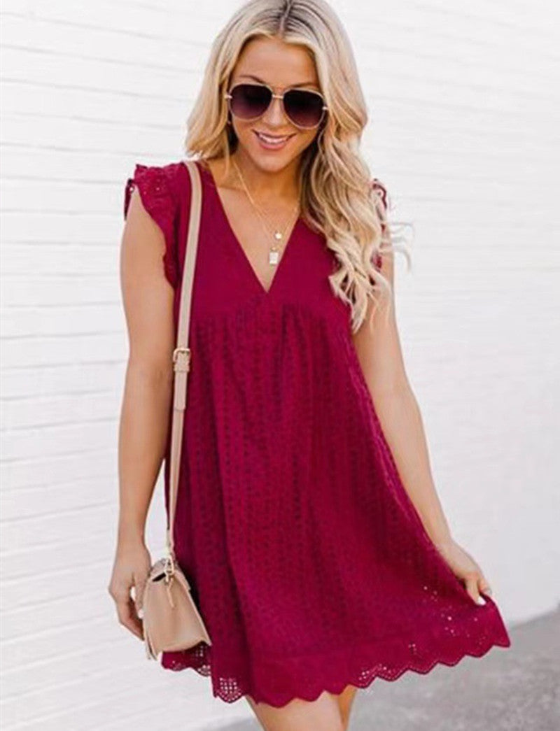 Women's Broderie-Anglaise Mini Dress with V-Neck, Ruffled Sleeves, and Insert Pockets Mune Fashion