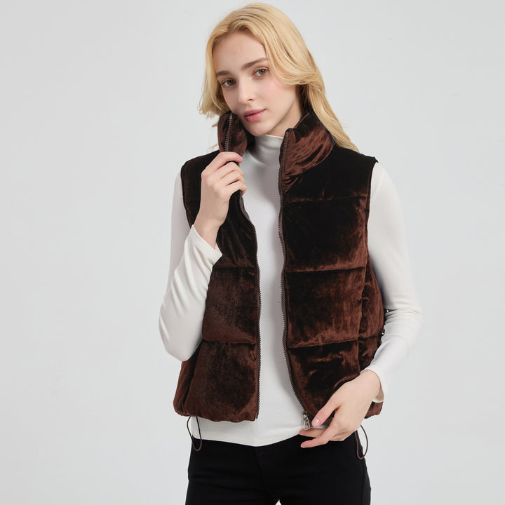Women's quilted velvet insulation vest with high stand-up collar and adjustable drawstring hem Mune Fashion