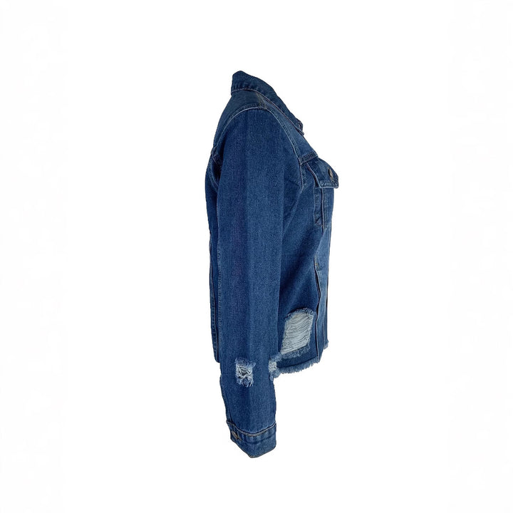 Ladies short cut denim jacket in trucker style with fringe detailing Mune Fashion