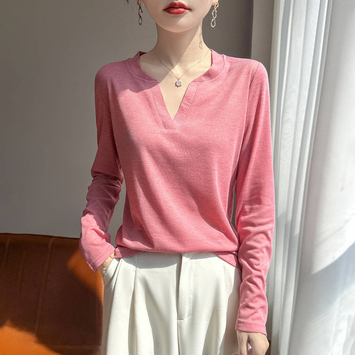 Women's Long-Sleeved Fine Knit Shirt with Slit V-Neck Mune Fashion