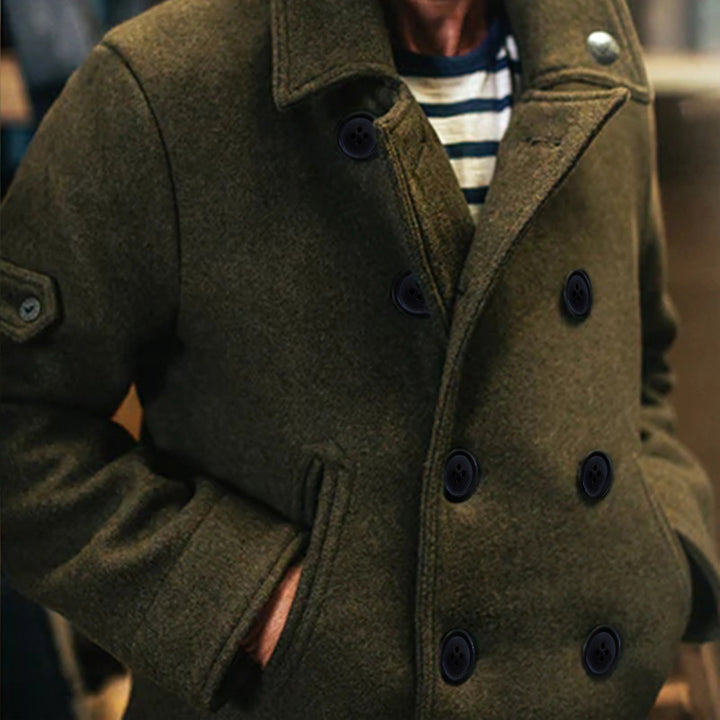 Men's Double-Breasted Wool Coat in Peacoat Style with High Collar Mune Fashion