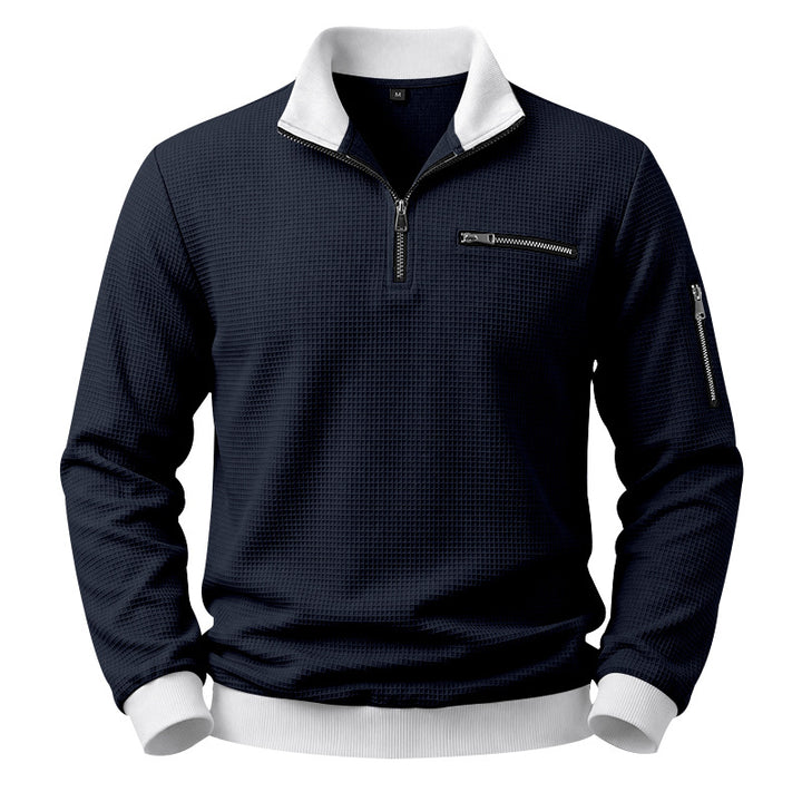 Men's Structured Waffle Sweater with Half-Zip and Zipper Pockets Mune Fashion