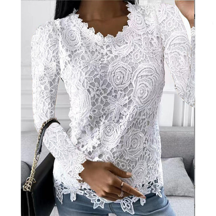 Women nan figure-hugging lace blouse with floral allover lace, long sleeves and scalloped hem Mune Fashion