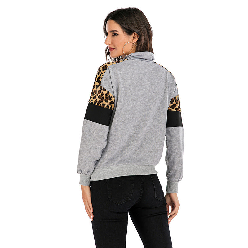Women's sweatshirt with stand-up collar, half zipper & leopard detail Mune Fashion