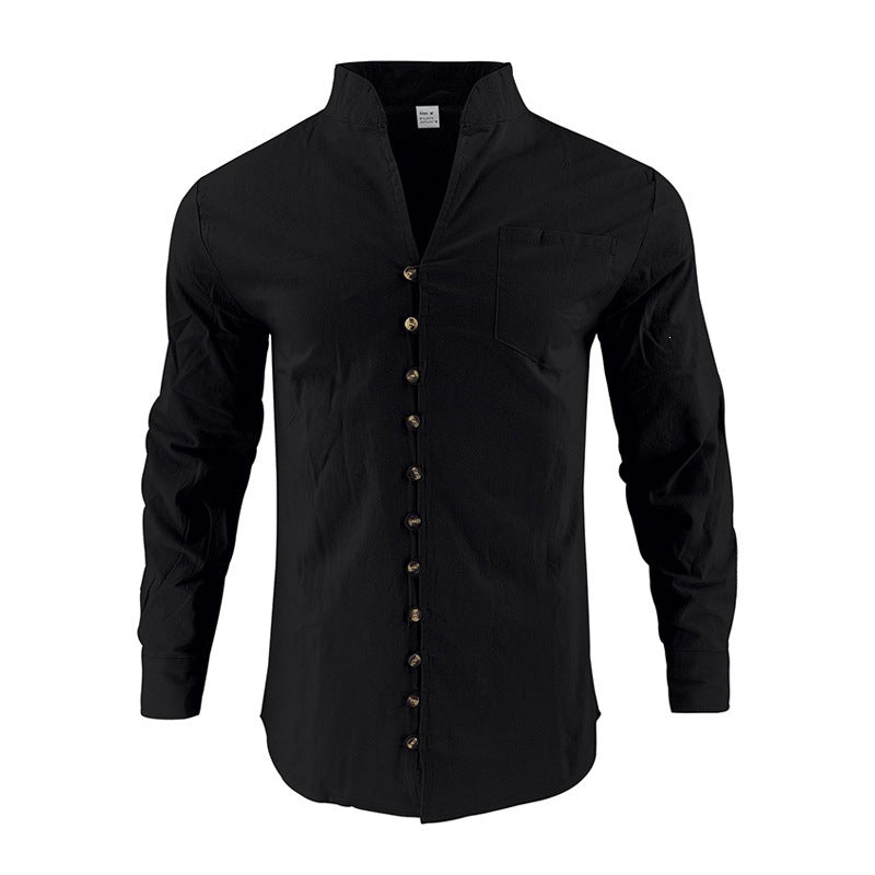 Men's shirt with stand-up collar and asymmetrical button placket made of linen mix Mune Fashion