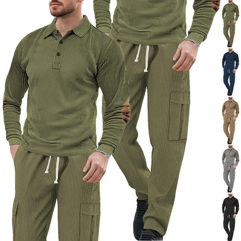 Men's nano ribbed lounge set with polo collar elbow patches and cargo pants Mune Fashion