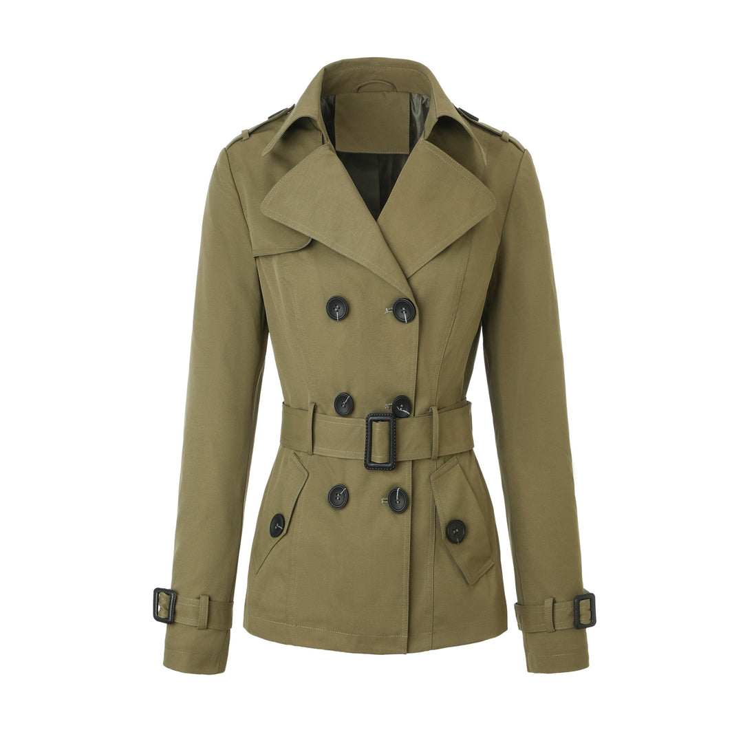 Women Short Tailored Double-breasted Trench Coat with Distinctive Belt Buckle Mune Fashion