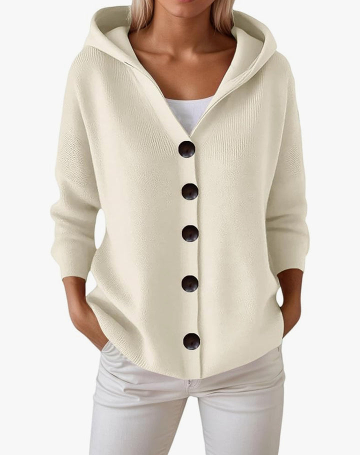 Women's hooded cardigan with large wooden buttons and side pockets Mune Fashion