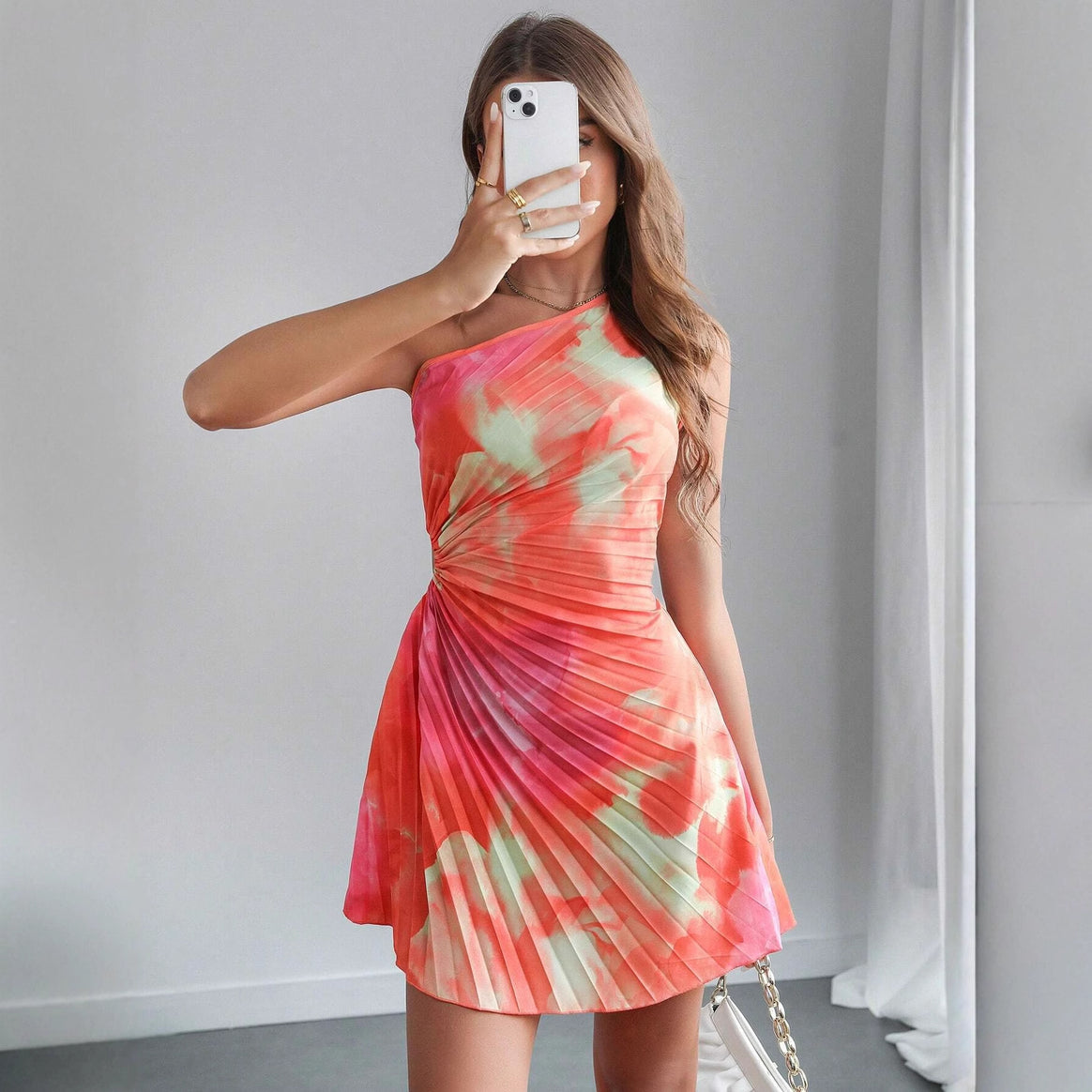 Women One-Shoulder Pleated Mini Dress with Cut-Out and Wrap Detail Mune Fashion