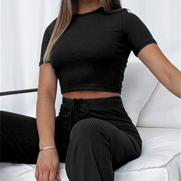 Women's Ribbed Crop Set made of Stretch Jersey with High-Waisted Drawstring Pants Mune Fashion