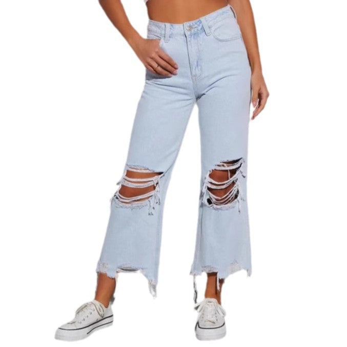Women's nan cropped wide jeans with high waist, frayed hem and heavy knee ripping Mune Fashion