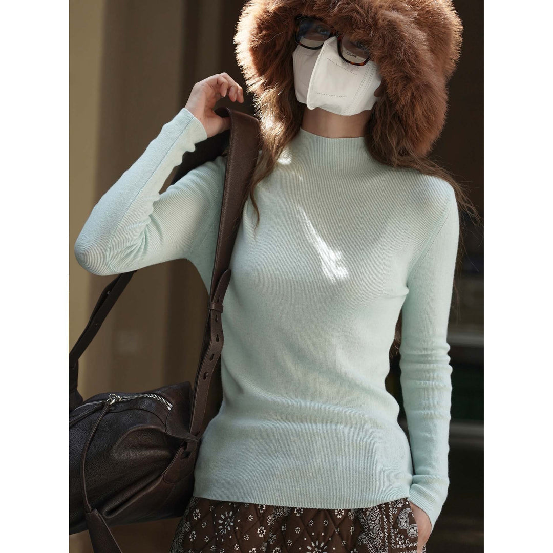 Women's Figure-Hugging Ribbed Knit Sweater with Short Stand-Up Collar and Extended Sleeves Mune Fashion