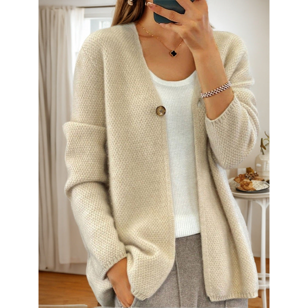 Women's cardigan made of cashmere-like structured knit with single-button closure and hip-covering fit Mune Fashion